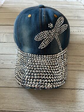 Rhinestone Dragonfly Denim Baseball Cap - Blue